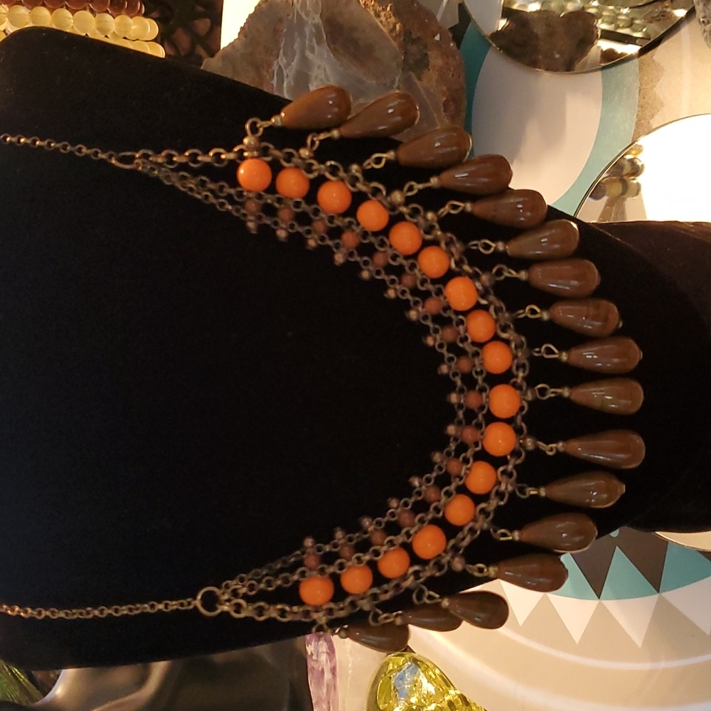 Statement Necklace Earrings Set Orange Bronze Copper Costume Jewelry